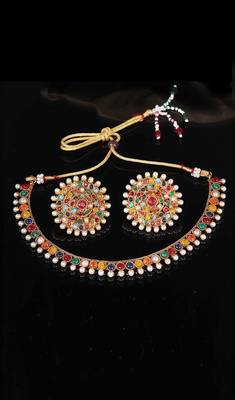 Gold Plated Stylish Multicolour Stone Studded Choker Necklace Jewellery Set For Women 1