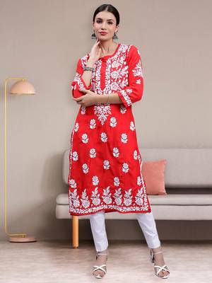 hand embroidered red muslin lucknowi chikan kurta 1