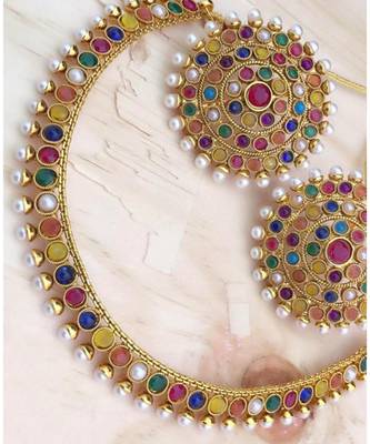 Gold Plated Stylish Multicolour Stone Studded Choker Necklace Jewellery Set For Women 8