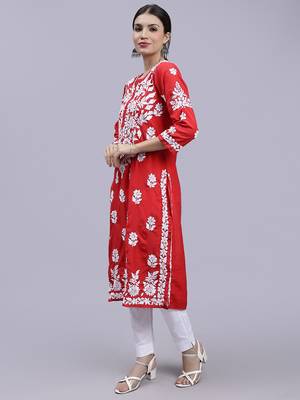 hand embroidered red muslin lucknowi chikan kurta 2