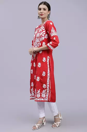hand embroidered red muslin lucknowi chikan kurta