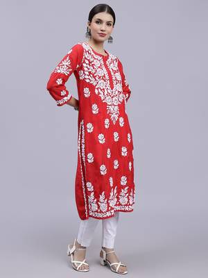 hand embroidered red muslin lucknowi chikan kurta 3