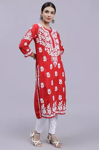hand embroidered red muslin lucknowi chikan kurta
