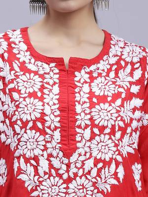 hand embroidered red muslin lucknowi chikan kurta 4