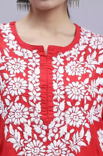hand embroidered red muslin lucknowi chikan kurta