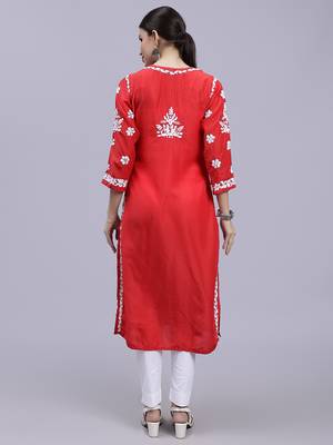 hand embroidered red muslin lucknowi chikan kurta 5