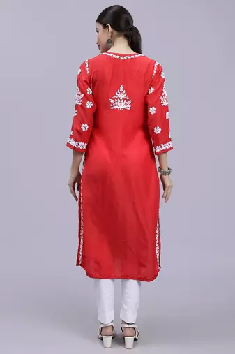 hand embroidered red muslin lucknowi chikan kurta