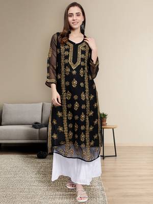 hand embroidered black georgette lucknowi chikan kurta with slip 1