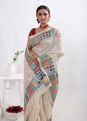 Cream Kantha Stitch Pure Silk Saree With Blouse Piece 1