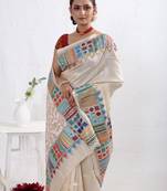 Cream Kantha Stitch Pure Silk Saree With Blouse Piece