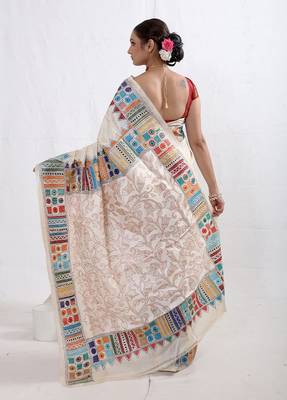 Cream Kantha Stitch Pure Silk Saree With Blouse Piece 2