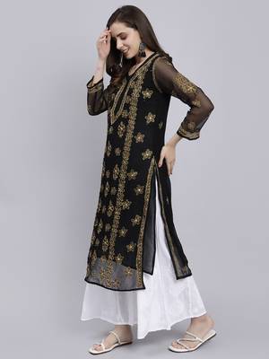 hand embroidered black georgette lucknowi chikan kurta with slip 2