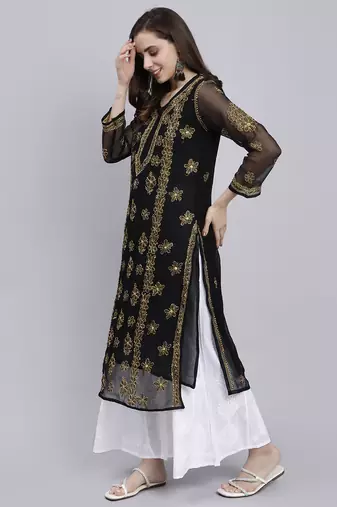 hand embroidered black georgette lucknowi chikan kurta with slip