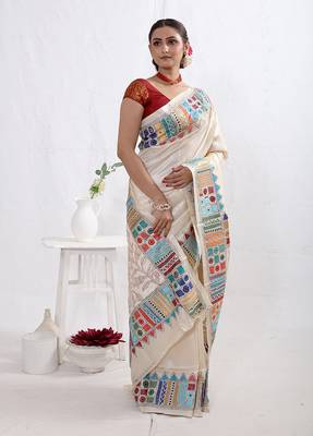 Cream Kantha Stitch Pure Silk Saree With Blouse Piece 4