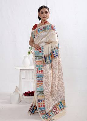 Cream Kantha Stitch Pure Silk Saree With Blouse Piece 5