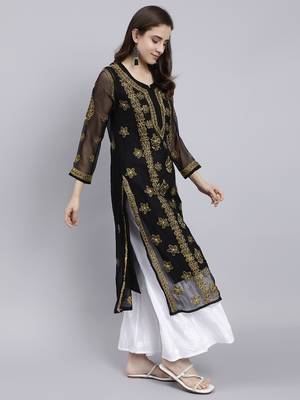hand embroidered black georgette lucknowi chikan kurta with slip 3