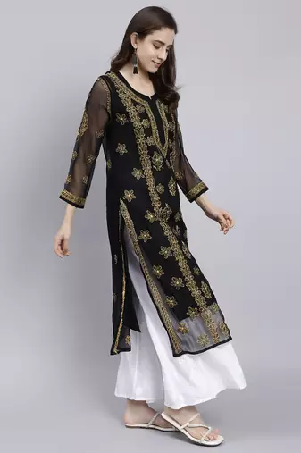 hand embroidered black georgette lucknowi chikan kurta with slip