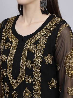 hand embroidered black georgette lucknowi chikan kurta with slip 4