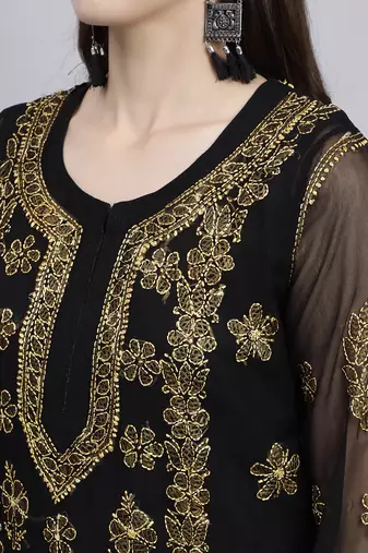 hand embroidered black georgette lucknowi chikan kurta with slip