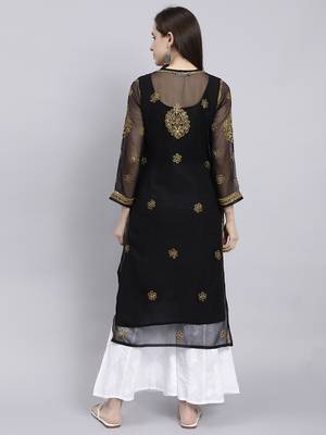 hand embroidered black georgette lucknowi chikan kurta with slip 5