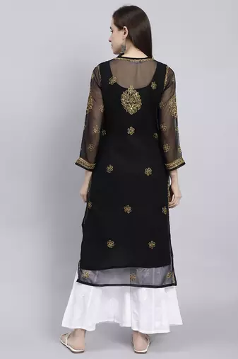 hand embroidered black georgette lucknowi chikan kurta with slip