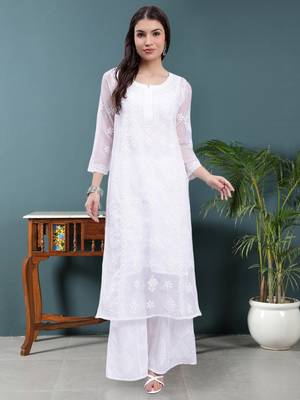Seva chikan hand embroidered white georgette lucknowi chikan kurta with slip 1
