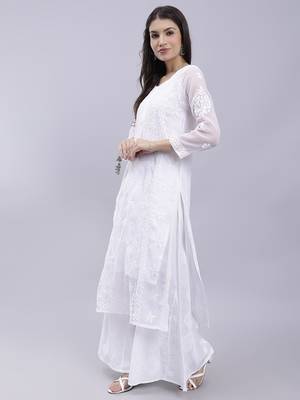 Seva chikan hand embroidered white georgette lucknowi chikan kurta with slip 2