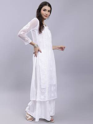 Seva chikan hand embroidered white georgette lucknowi chikan kurta with slip 3
