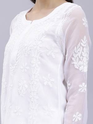 Seva chikan hand embroidered white georgette lucknowi chikan kurta with slip 4