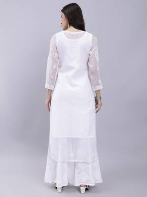 Seva chikan hand embroidered white georgette lucknowi chikan kurta with slip 5