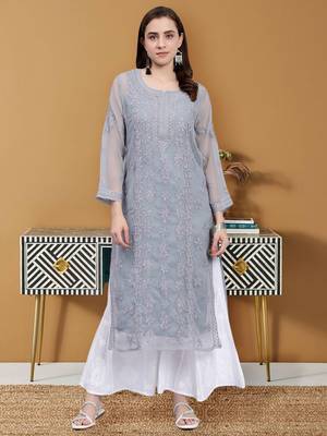 hand embroidered grey georgette lucknowi chikan kurta with slip 1