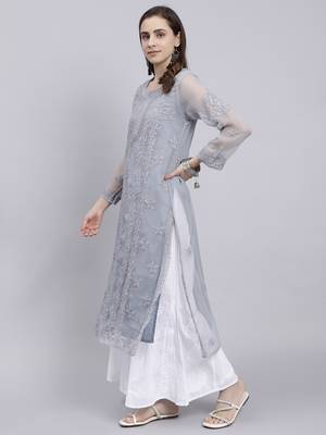 hand embroidered grey georgette lucknowi chikan kurta with slip 2