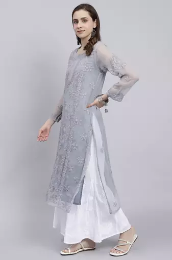 hand embroidered grey georgette lucknowi chikan kurta with slip