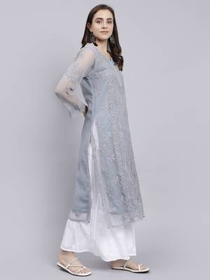 hand embroidered grey georgette lucknowi chikan kurta with slip 3