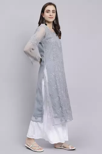 hand embroidered grey georgette lucknowi chikan kurta with slip