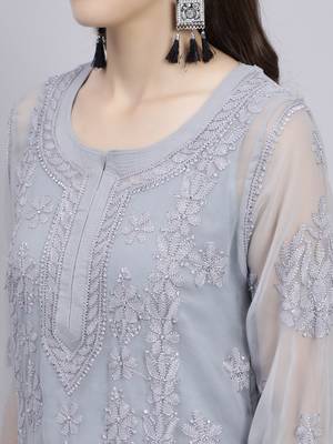 hand embroidered grey georgette lucknowi chikan kurta with slip 4
