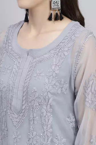 hand embroidered grey georgette lucknowi chikan kurta with slip