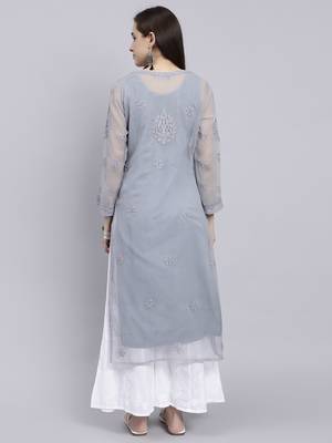 hand embroidered grey georgette lucknowi chikan kurta with slip 5