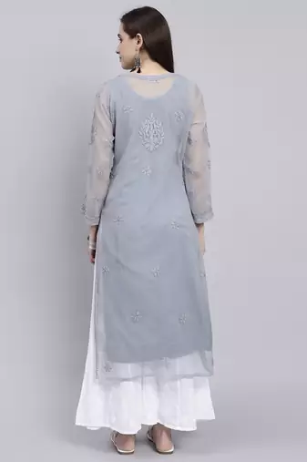 hand embroidered grey georgette lucknowi chikan kurta with slip