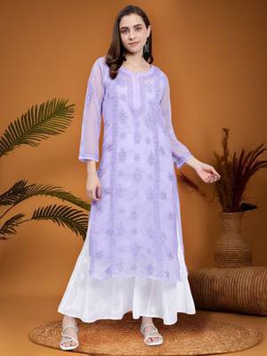 hand embroidered mauve georgette lucknowi chikan kurta with slip 1