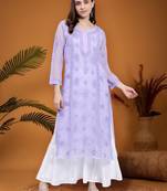 hand embroidered mauve georgette lucknowi chikan kurta with slip