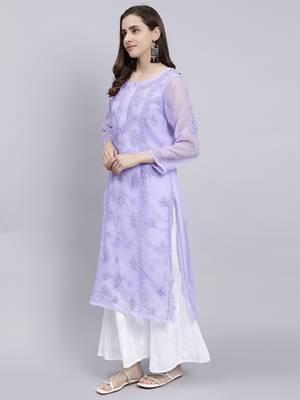 hand embroidered mauve georgette lucknowi chikan kurta with slip 2