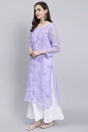 hand embroidered mauve georgette lucknowi chikan kurta with slip