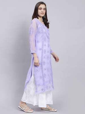 hand embroidered mauve georgette lucknowi chikan kurta with slip 3