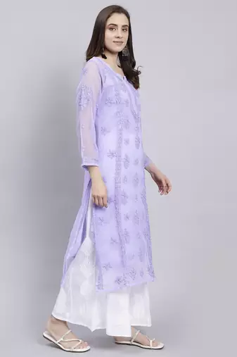 hand embroidered mauve georgette lucknowi chikan kurta with slip