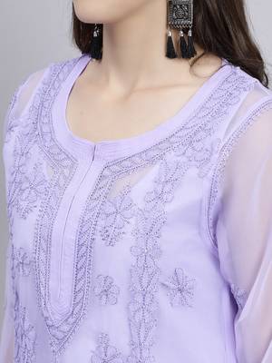 hand embroidered mauve georgette lucknowi chikan kurta with slip 4