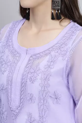 hand embroidered mauve georgette lucknowi chikan kurta with slip