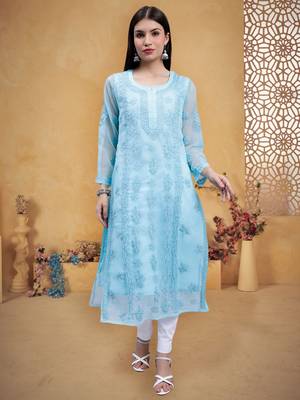 hand embroidered sea green georgette lucknowi chikan kurta with slip 1