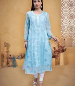hand embroidered sea green georgette lucknowi chikan kurta with slip
