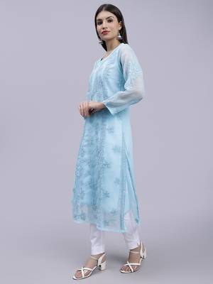 hand embroidered sea green georgette lucknowi chikan kurta with slip 2